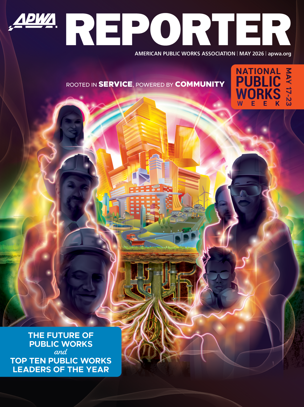 The May 2026 APWA Reporter cover, featuring the National Public Works Week theme.