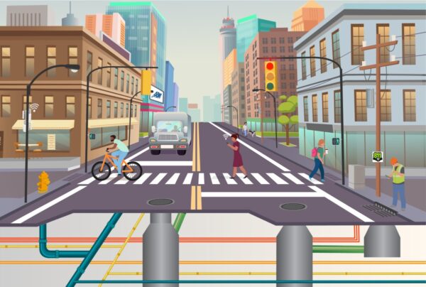 A colorful illustration showing a city street with lights, buildings, pedestrians, a public works professional, a truck, and underground utilities.