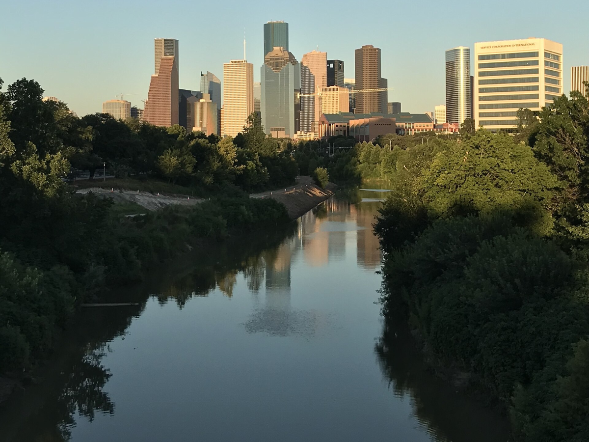 The Buffalo Bayou with the downtown Houston skyline in the background.