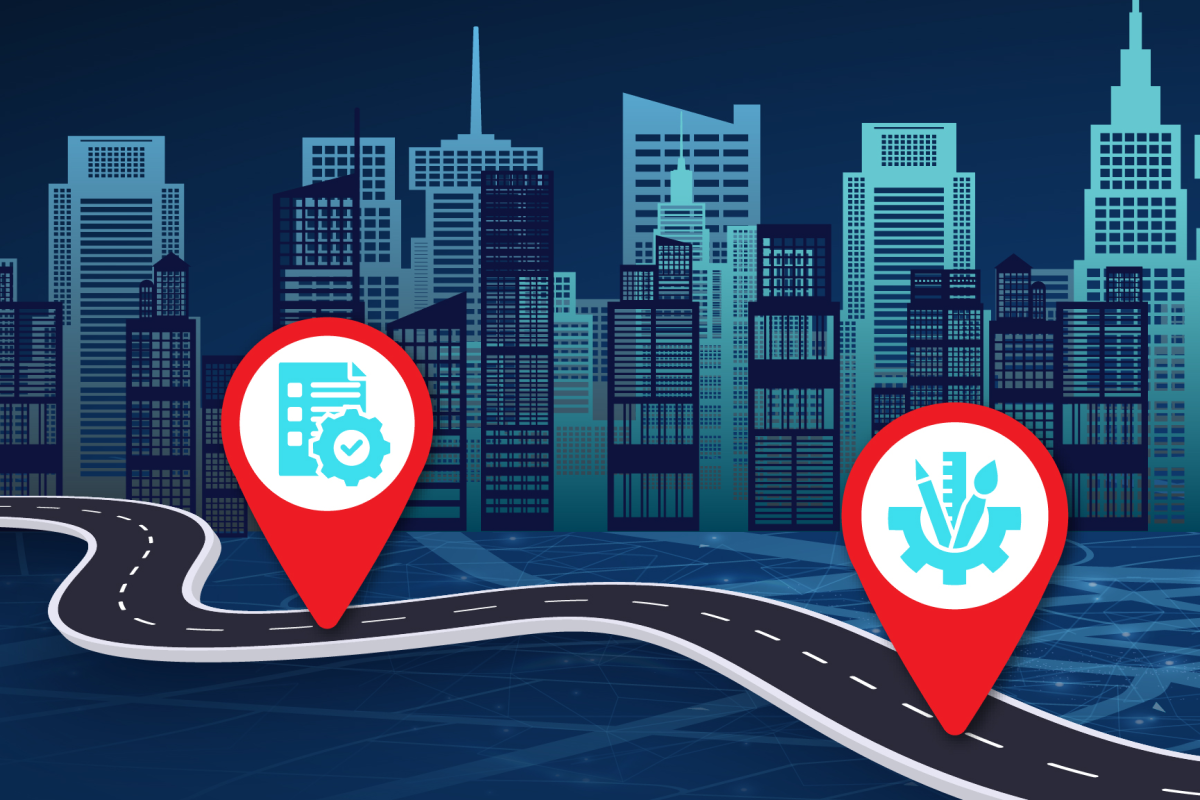 An illustration of a downtown skyline with map markers on a winding road.