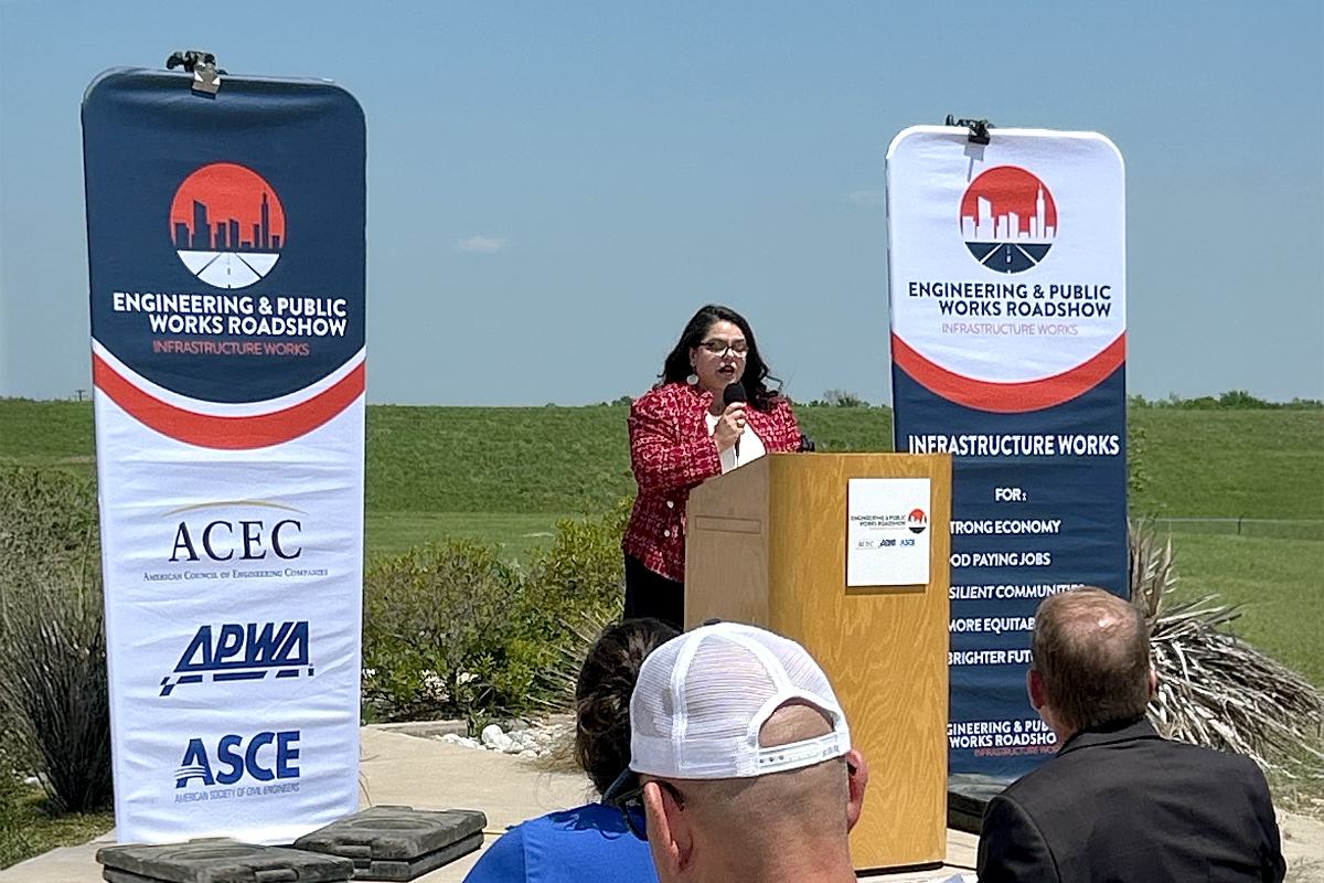 Kristina Ramirez speaks to the crowd gathered for a stop on the Engineering & Public Works Roadshow