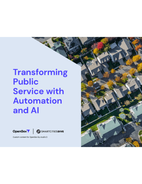 Cover of a whitepaper with an aerial shot of a neighborhood and the title: Transforming Public Service with Automation and AI