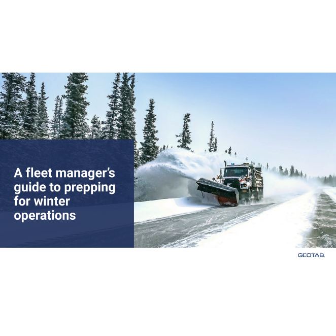 The cover of "A fleet manager's guide to prepping for winter operations" with a snowplow clearing a road.