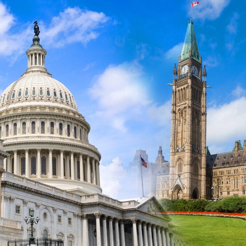 Homepage-Govt-Affairs a collage of the US Capitol and the Canadian Parliament building, representing APWA's advocacy work in the US and Canada