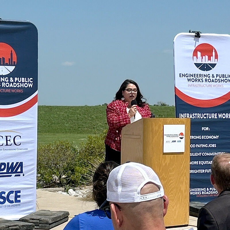 Kristina Ramirez speaks to the crowd gathered for a stop on the Engineering & Public Works Roadshow